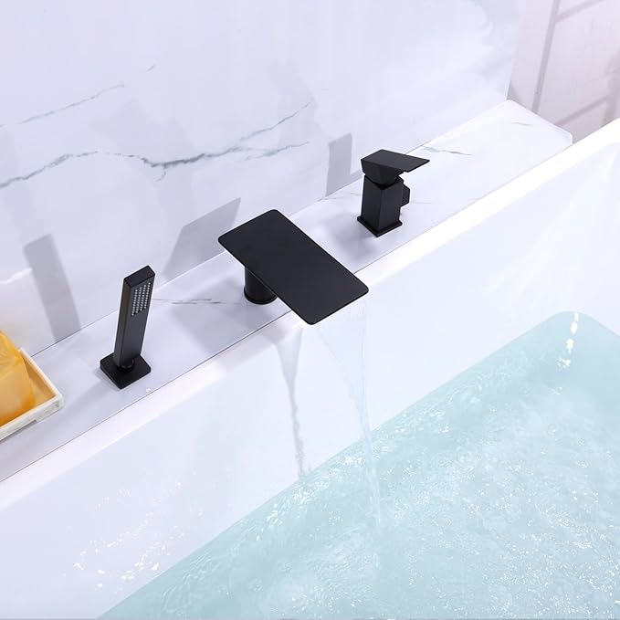 Roman Tub Faucet with Hand Shower, Matte Black Deck Mount Waterfall Tub Faucet High Flow 3 Hole Bathtub Faucets Sets