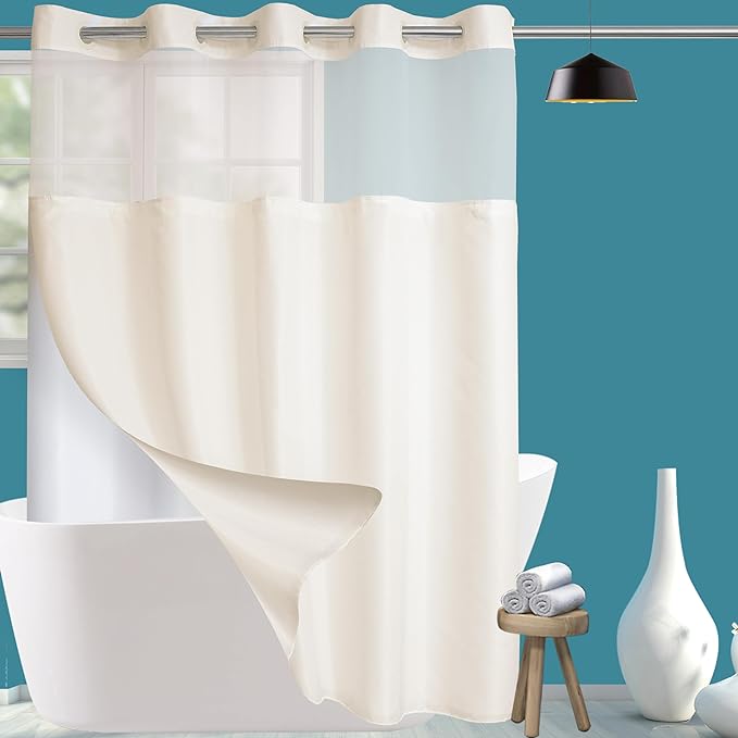 Conbo Mio Extra Long No Hook Shower Curtain with Snap in Liner Set, Hotel Luxury Beige Fabric Shower Curtains for Bathroom with See Through Top Window, Washable, Waterproof 71W x 84H