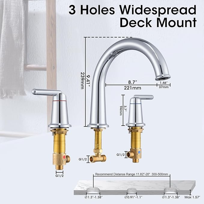 Roman Bathtub Faucet with Rough-in Valve 3 Hole Widespread Deck Mount Bath Faucet Set High Flow Rate 2 Handle Tub Filler Trim Kit Brass High Arc Tub Faucet Polished Chrome (WT-9807CP)