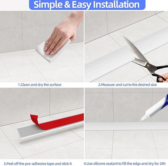 118 Inch Shower Threshold Water Dam Barrier,Shower Dam Water Stopper for Bottom of Frameless Shower Door,Silicone Sink Splash Guard for Kitchen Bathroom,Corner Shower Water Guard for Bathtub(White)