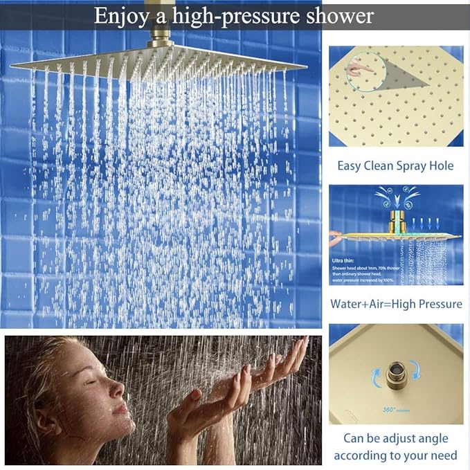 12 Inch Brushed Gold Ceiling Mount Shower System Bathroom Luxury Rain Mixer Shower Combo Set Ceiling Rainfall Shower Head System Faucet Contain Rough-in Valve and Trim Included