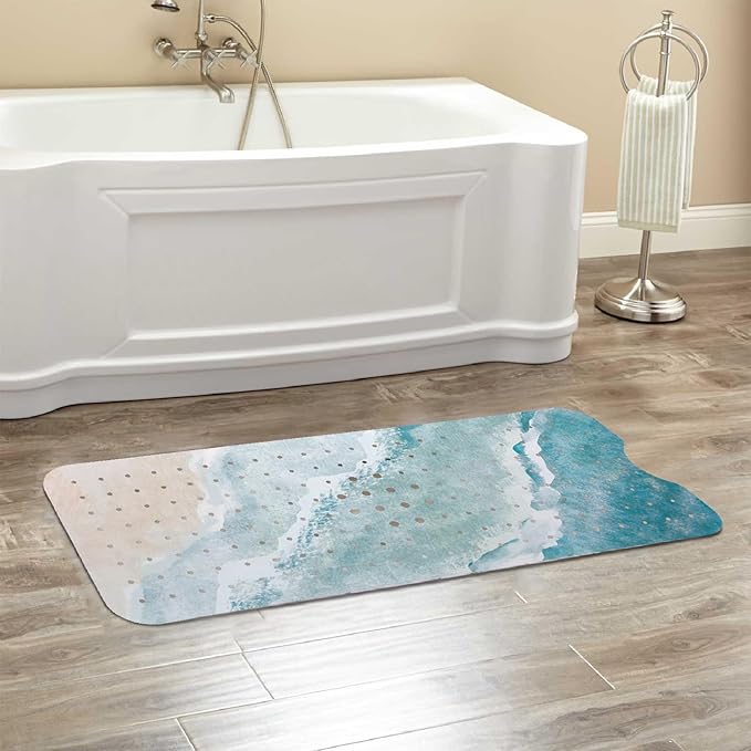 Beach Bathtub Mat Non Slip, Baby Bath Mat for Tub Rubber Tub Mat, Kids Bath Mats for Bathroom Ocean Waves Anti Slip Shower Mat with Suction and Drain Holes Machine Washable, 40″X16″