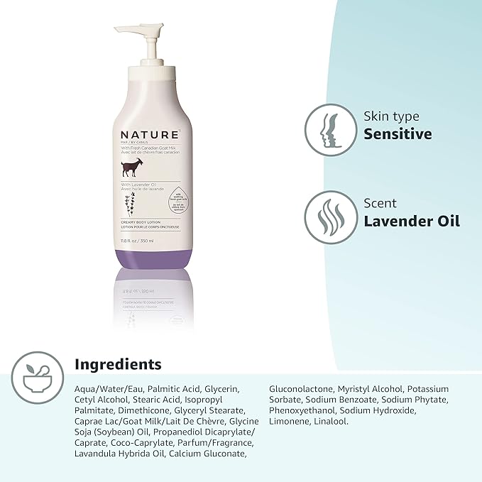 Nature by Canus Lavender Goat Milk Body Lotion, 11.8 oz - Creamy Moisturizer for Sensitive, Dry Skin, Rich in Vitamins A, B3, Zinc & Selenium