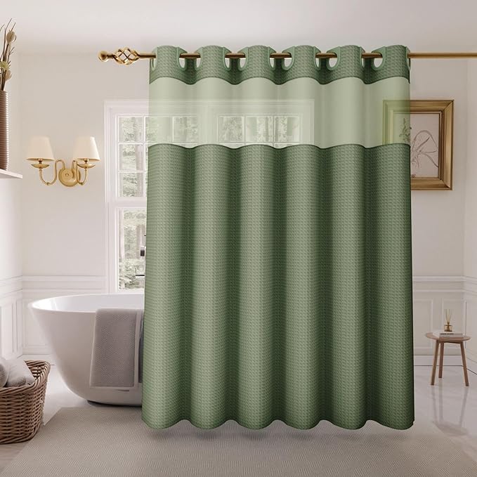 Inhousolu Extra Long No Hook Shower Curtain with Snap in Fabric Liner Set Waffle Weave 230GSM Weighted Hem, Waterproof & Washable Bathroom Curtain Spa with Mesh Top Window 72" W x 84" L Sage Green