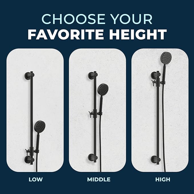 HammerHead Showers® Solid Metal 27.5 Inch Shower Slide Bar Set and Handheld Shower Head with Hose — MATTE BLACK — 2.5 GPM High Pressure Spray Wand — Easily Adjust Height & Angle of Handshower