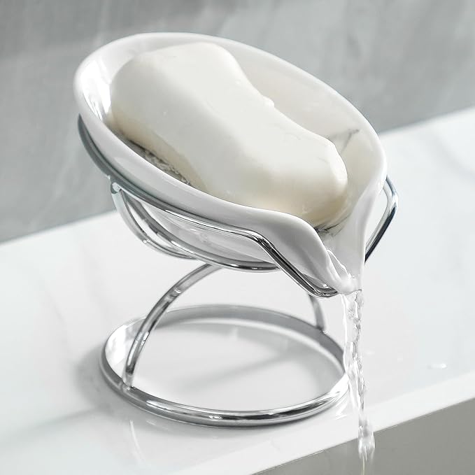 Leaf-Shaped Soap Dish – Premium Ceramic Soap Bar Holder with Self-Drainage System – Bar Soap Holder for Shower, Bathroom Sink, Kitchen – Waterfall Soap Dish with Stainless Steel Stand (SLIVER)