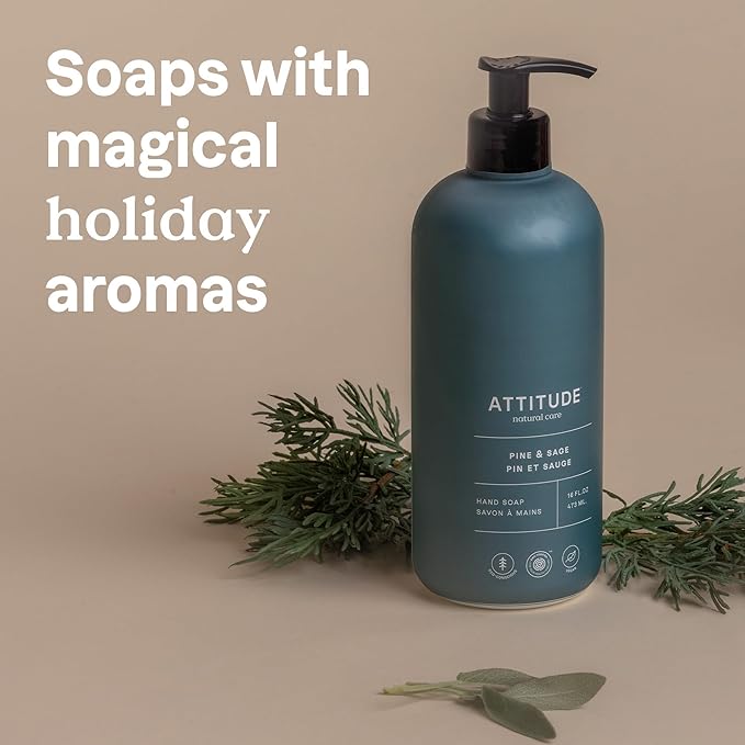 ATTITUDE Liquid Hand Soap, EWG Verified, Plant and Mineral-Based, Vegan Personal Care Products, Pine & Sage, 16 Fl Oz