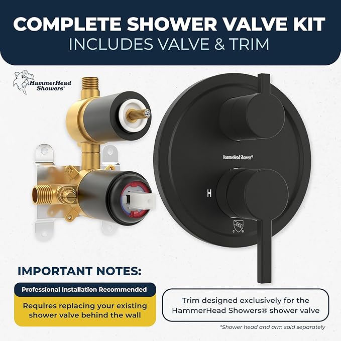 HammerHead Showers Solid Metal Two Handle Shower Valve and Trim Kit Matte Black, Diverts Water, Controls Volume and Temperature, Rough-In Shower Trim Kit with Valve and Pressure Balance Shower Valve