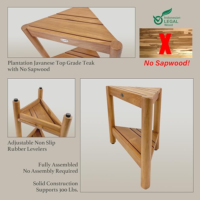 Asta Select Solid Teak Corner Shower Stool, Poratble Teak Wood Spa/Shower/Indoor/Outdoor Stool with Storage Shelf, Teak Wood Shower Corner Table, Teak Accent Table, Fully Assembled, ST-51