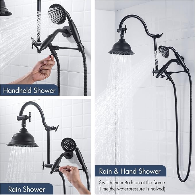 Bagnolux Solid Brass 6" High Pressure Black Rain Shower Head with Handheld Combo 3.3" Spray, Rainfall Showerhead with 21" Extension Arm - Adjustable Dual Showerhead and 71" Shower Hose,Matte Black