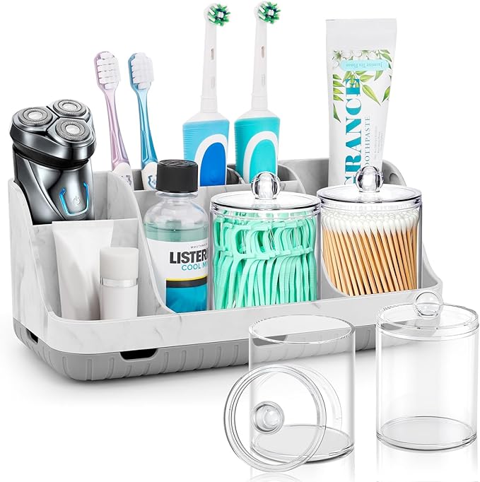 Bathroom Toothbrush Holder Set with 2 Pack Qtip Holder Dispenser - Detachable 7 Slots Bathroom Accessory Set, Kids Marble Bathroom Sink Counter Set, Bathroom Essentials Decor, Grey