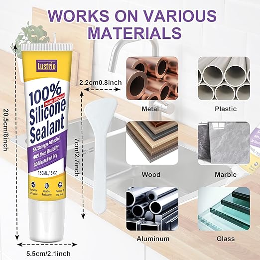 High-Strength Silicone Sealant & Adhesive - 100% Waterproof, Flexible Caulk for Kitchen, Bathroom, Shower, Window, Auto - Creates Durable, Shrink & Crack Resistant Seal 5 Oz. Tube. (Clear)