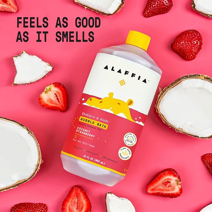 Alaffia Babies & Kids Bubble Bath, Coconut Strawberry, Pump Included – Gentle Cleanser with Raw Shea Butter and Hibiscus, 32 Fl Oz