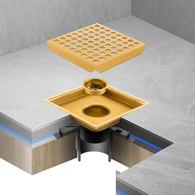 Shower Drain, Brushed Gold 6 inch Shower Floor Square Drain with Flange, Removeable Grid Panel SUS 304 Stainless Steel Square Shower Drain