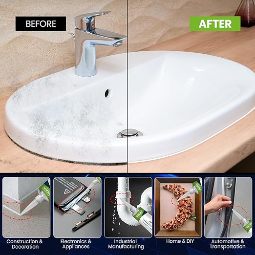 RTV Silicone Adhesive Sealant 100% Silicone Sealer All-Purpose Caulk Waterproof Stronger Adhesion, Shrink & Crack Proof Caulking for Car, Kitchen, Window, Bathroom, Door (Black, 3.4 Fl. Oz.)