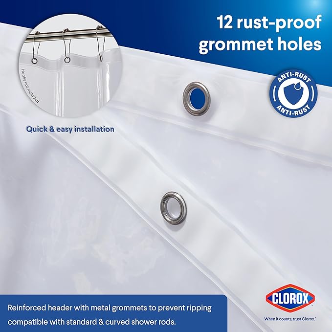 Clorox Shower Curtain Liner, Premium Heavyweight Durable Waterproof 8g PEVA for Bathroom with Weighted Magnets, Standard Size 72" x 72", Clear 1 Pack