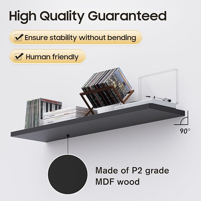 Floating Shelf, Set of 3 Wall Shelf, 36 in W x 12.75 in D x 2 in H Wooden Floating Wall Shelf with Invisible Brackets for Living Room/Bedroom/Bathroom/Kitchen Storage and Decor, Black