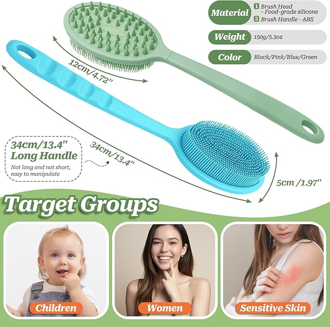 Silicone Face & Back Scrubber Set, Manual Face & Body Scrubber Exfoliator with Soft Bristles and Non-Slip Handle, Back Brush Bath Brush with Detachable Brush Head(2PCS Green Set)