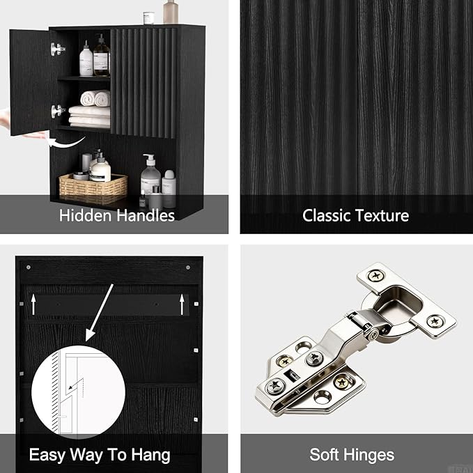 Fluted Bathroom Wall Cabinet Over The Toilet Storage,Wall Mounted Cabinet with Adjustable Shelf,Floating Cabinet Organizer Hanging Cabinet,Kitchen and Laundry Room Cabinets (Black-2 PCS)