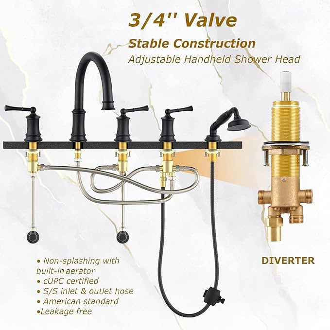 Matte Black Roman Bathtub Faucet Set 5 Hole Deck Mount, Classic Tub Filler with Handshower, High Flow Max 6.3 GPM, 360° Rotatable Spout, 3 Handles, Solid Brass Construction (B2309-BK)
