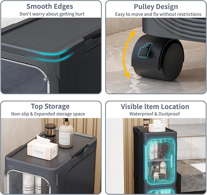 KHNR 5-Tiers Slim Bathroom Storage Cabinet, Foldable Storage Cabinets,Narrow Bathroom Storage,Movable Bathroom Storage Organizer for Small Spaces,Bathroom,Kitchen,Laundry,Black
