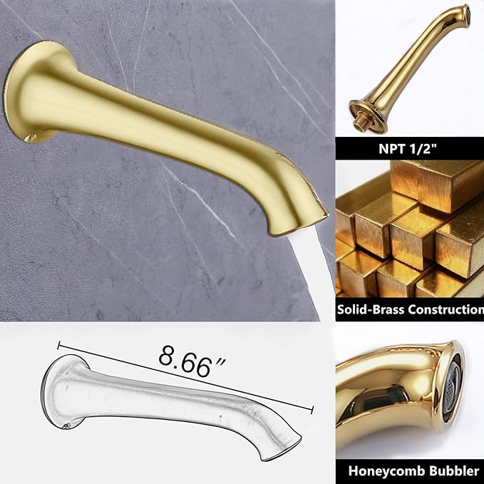 Dual Antique Shower Head System with Tub Spout: 9" Ceiling Mounted Rain & 6" Wall Mount Rainfall, Handheld Spray Vintage Faucet Set, 4 Way Diverter Brass Valve with Trim Kit, Brushed Gold