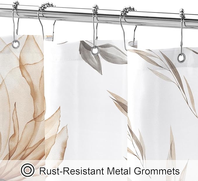 Long Boho Watercolor Floral Shower Curtain 72 x 78, Light Brown and Grey Ink Painting Style Flower Shower Curtains for Chic Elegant Bathroom, Artistic Tan 78 Inch Long Fabric Shower Curtain