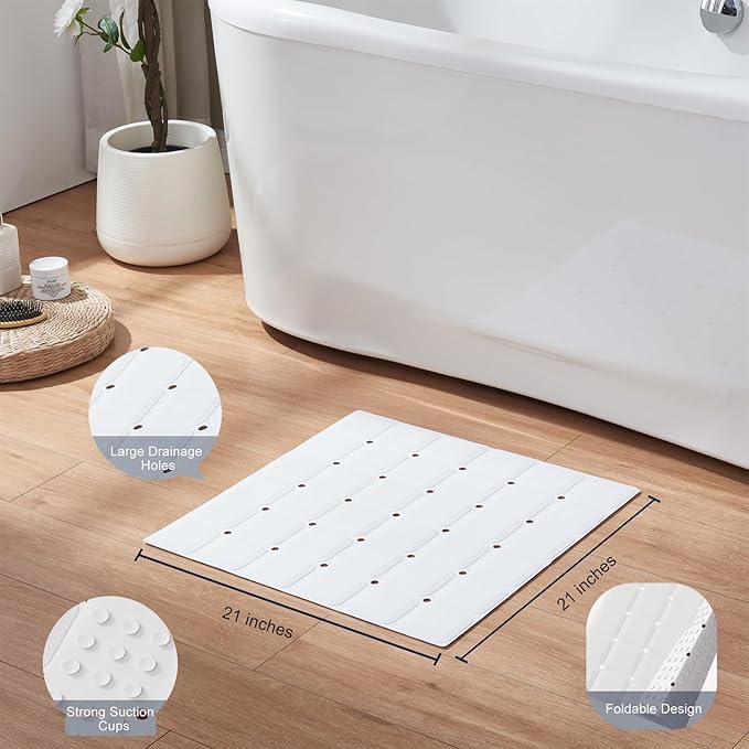 Anti Slip Shower Mat for Tub & Shower Stall, 21" x 21" Square Silicone Bathtub Mat with Powerful Suction Cups, Fast-Draining, Machine Washable Soft Foldable Bathroom Mat, White