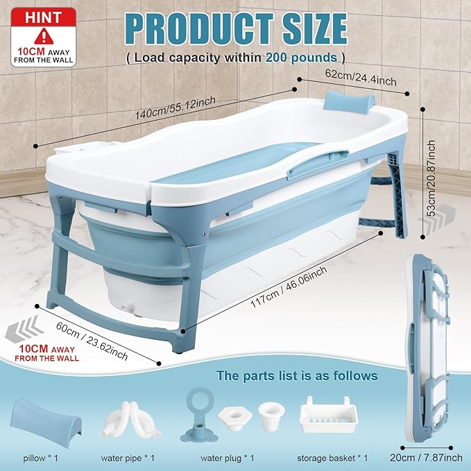 Portable Bathtub Portable Tub for Adults, 56" Foldable Bathtub for Adults Free Standing Tub for Shower, Ice Bath, Sitz Bath, Freestanding Bathtubs with Neck Pillow Blue