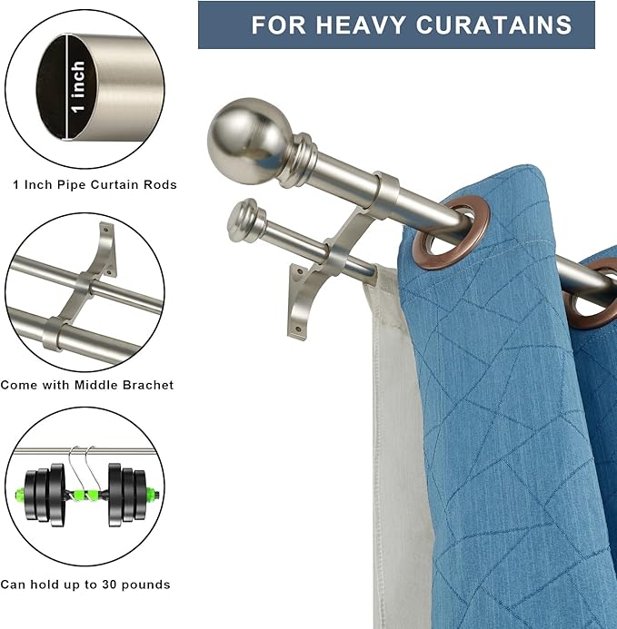 Double Curtain Rod 84 to 120 inch, Adjustable 1 inch Double Drapery Rod Rods for Windows and Doors with Ball Round Finials and Premium Aluminum Brackets Set (84-120",Brushed Nickel)