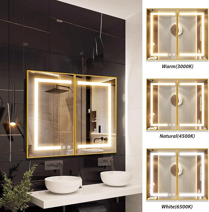 APRILSOUL 40X32 Inch Gold Bathroom Medicine Cabinet with Mirror, Recessed or Surface Lighted Medicine Cabinet with 3 Colors Temperature, Dimmable Light