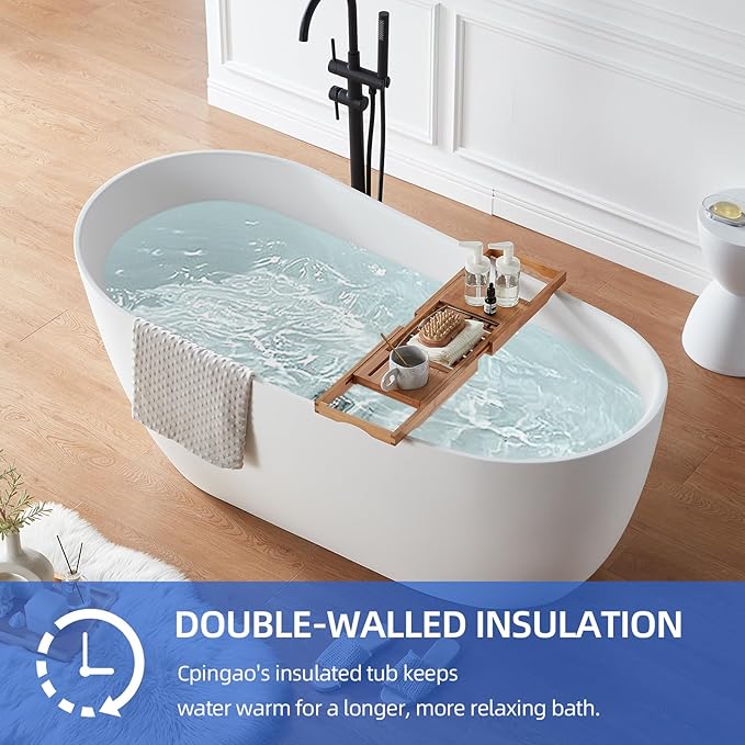 Cpingao 63" Stone Resin Solid Surface Freestanding Bathtub, Modern Stand Alone Soaking Tub with Overflow and Pop Up Drain, One-Piece Molding Matte White 8828-1600