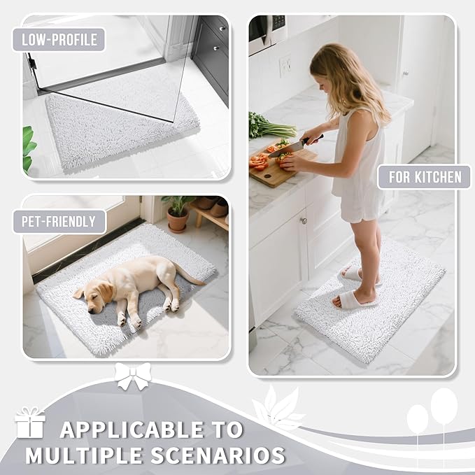 Yimobra Chenille Bathroom Rugs Non Slip, Extra Thick Soft Absorbent Bath Rug 31.5x20 Inch, Machine Washable Quick Dry Bath Mat for Bathroom Floor, Tub and Shower, Home Decor Accessories, White