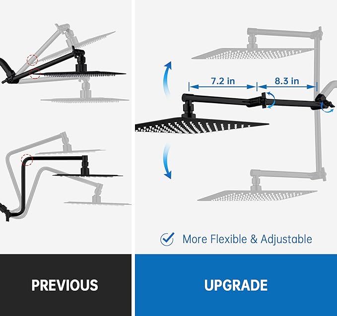 G-Promise 16 Inch Shower Head Extension Arm, Solid Brass Height & Angle Adjustable Extender, Rise or Lower Rainfall and Fixed Shower Head (Matte Black)