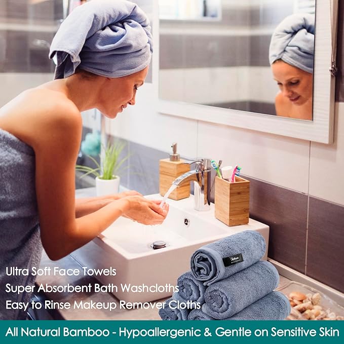 Reusable Makeup Remover Towels, 13x13 inch Extra Large Wash Cloths for Face and Body, Super Soft and Gentle Face Towel on Sensitive Skin, Easy to Rinse Fast Dry Denim Blue Facial Cleansing Cloths