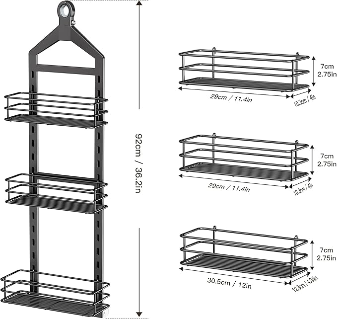 Orimade Adjustable Anti-slip Shower Caddy over Head, Rustproof Bathroom Hanging Organizer with 2 Hooks for Razor, No Drilling Shower Shelves Storage Rack 3 Tier, Black