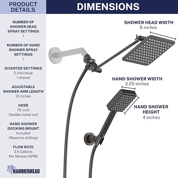 HammerHead® Solid Metal Dual Shower Head Combo — 8" Square Rain Shower Head with Handheld, 12" Adjustable Arm & Wall-Mount Holder for Flexible Installation — Oil Rubbed Bronze