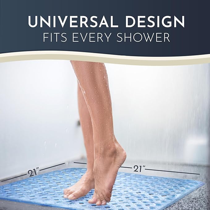homerella® Shower Mat Non Slip Anti Mold, Non Slip Shower Mats for Inside Shower Stall Anti Slip Mat, Square Shower Floor Mat 21 x 21 in with Suction Cups & Hooks for Quick Drying, Machine Washable