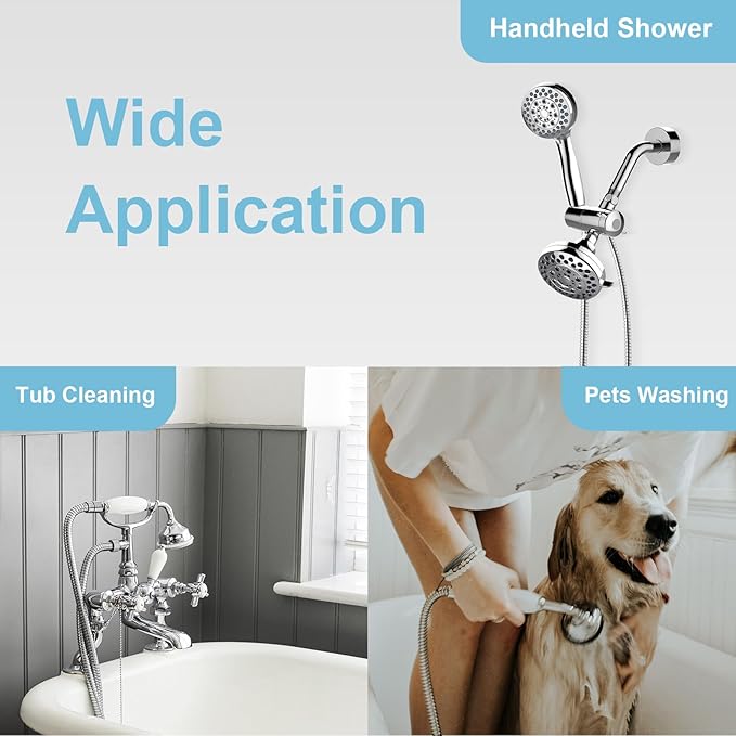 OFFO Shower Hose High Flow 0.43” Large Bore, 100 in Kink Free Stainless Steel Shower Head Hose Replacement Universal G1/2”, Leak-proof Extra Long Flex Handheld for Pet Bathing Cleaning, Chrome