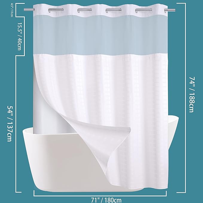 Conbo Mio No Hook Shower Curtain with Snap in Liner Set, Hotel Luxury White Shower Curtains for Bathroom with See Through Top Window, Waterproof, Washable 71W x 74H