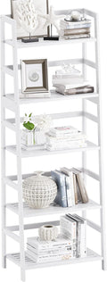 Ladder Shelf, 5-Tier Bookshelf, All Bamboo Heavy Duty Bookcase, Freestanding Open Wood Storage Rack, Modern Corner Display Plant Stand for Living Room, Home Office, Bathroom, Bedroom, White