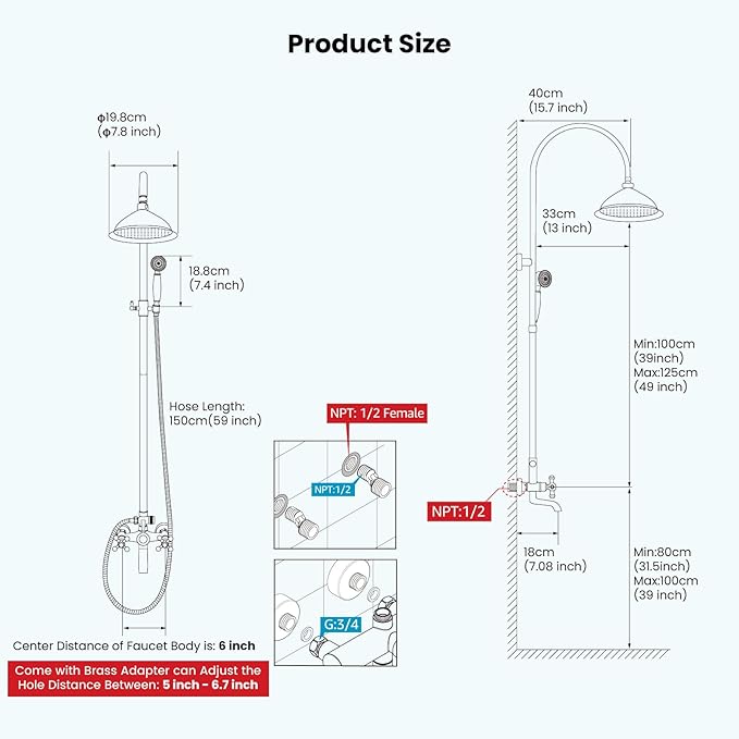 gotonovo Bathroom Classic Exposed Shower Faucet Wall Mount Shower System 8 Inch Luxurious Rainfall Shower Head Set with Tub Spout and Handheld Spray Double Cross Handles Polished Gold