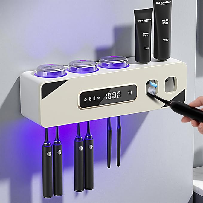 Automatic Toothpaste Dispenser,Rechargeable Toothbrush Holders for Bathrooms,3 Cups Electric Toothbrush Holder Wall Mounted with Toothpaste Dispenser Bathroom Decor (White)