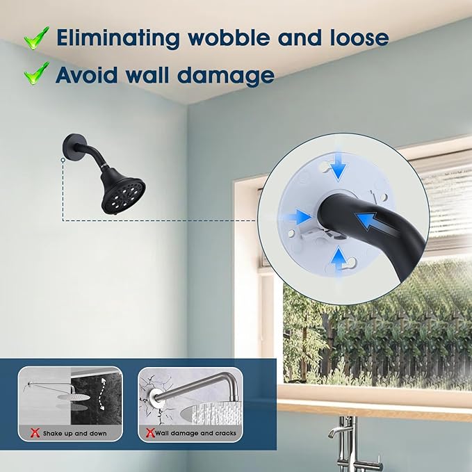 6 Inch Shower Arm with Flange and Stabilizer Bracket, Wall Mounted Shower Pipe Arm 304 Stainless Steel For Fixed Shower Head & Handheld Showerhead, Matte Black