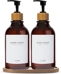 Maisonovo Plastic Soap Dispenser Set | Hand Soap and Dish Soap Dispenser Set | 16.9oz Amber Bottles with Black Bamboo Pump | Bathroom Lotion Dispenser with Pump Set of 2