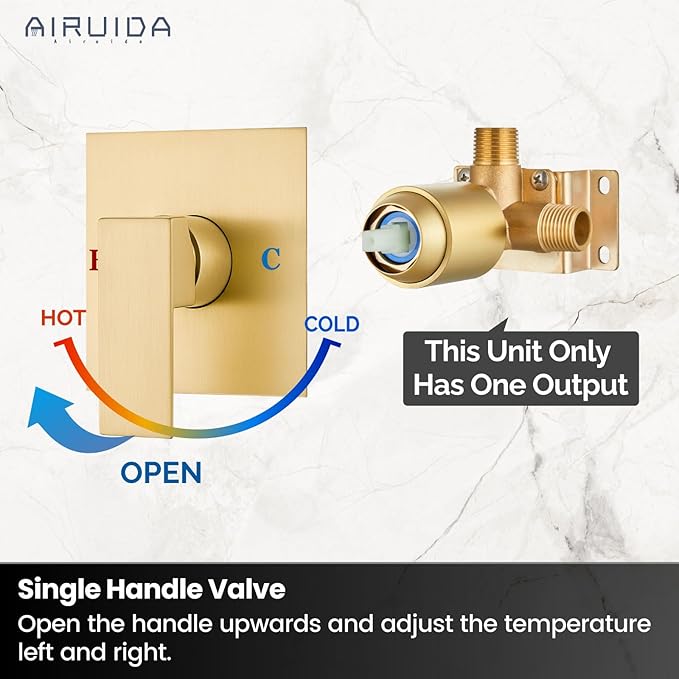 Airuida Square Single-Function Brass Faucet Shower Rough-in Valve Male Thread Bathroom Trim Kit Single Handle Tub Shower Valve 4.3 Inch Cover Plate Brushed Gold
