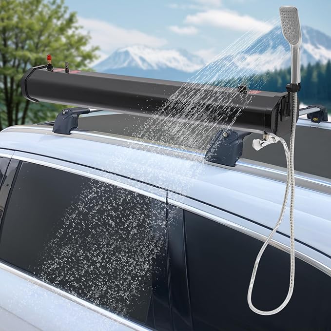 Pressurized Water Tank Portable Roof Rack Water Tank Over-Landing Pressurized Water Tank on Off-Road Vehicle with Shower, Hose & Storage Bag for Camping, Water Storage
