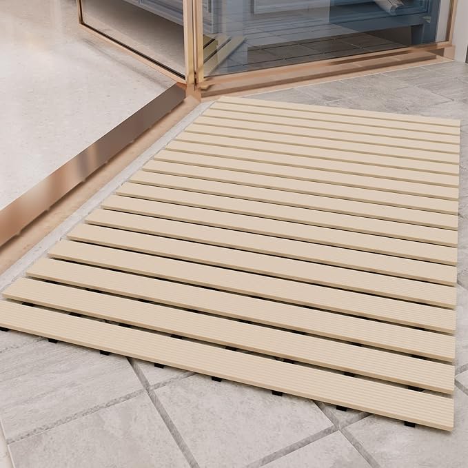 PADOOR Shower-Mat Non Slip, Heavy Duty Bathtub-Mat Curlable Quick Drain Sturdy Bath Tub Mat Without Suction Cups for Indoor Outdoor Use 17x26 Inch Beige