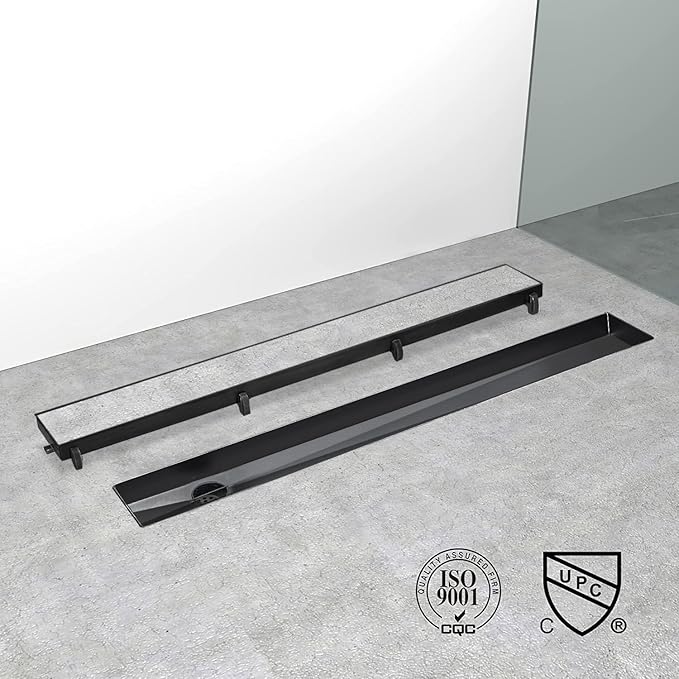 Offset Linear Shower Drain, Black Shower Drain 36 inch with 2-in-1 Tile Insert Cover, Brushed 304 Stainless Steel Side Outlet Black Shower Floor Drain with Hair Catcher and Adjustable Feet