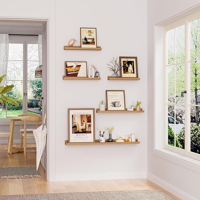 Heimlove Floating Shelves Set of 6, 16" Wall Mounted Picture Ledge, Display Shelf Organizer for Decor Storage, Wall Mounted Shelves for Living Room, Bedroom, Bathroom, Kitchen (Oak)